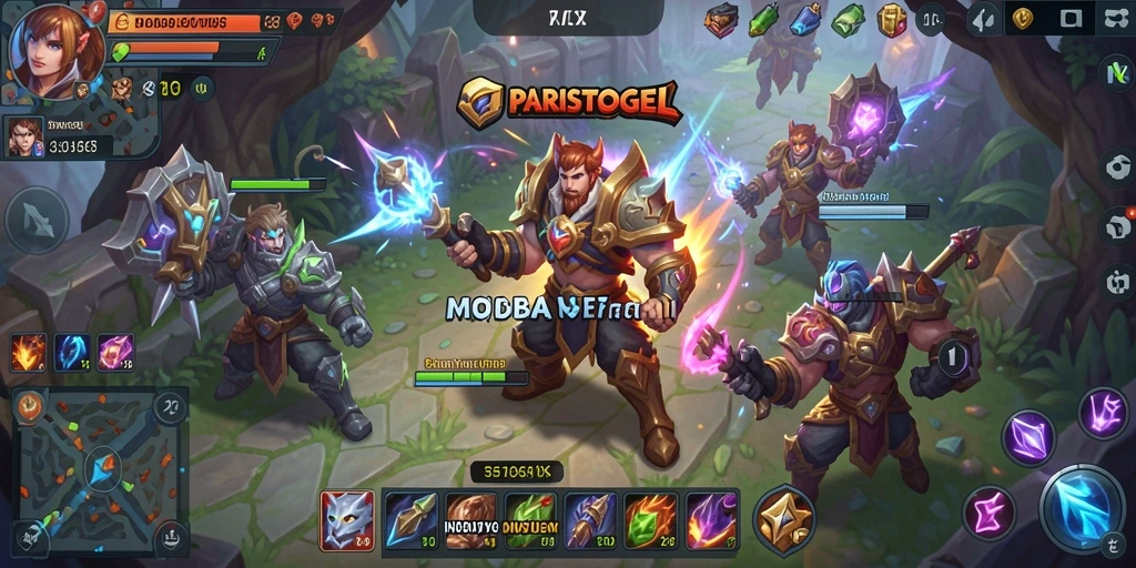 Tampilan permainan seru dari PARISTOGEL dengan pertarungan MOBA yang intens.
