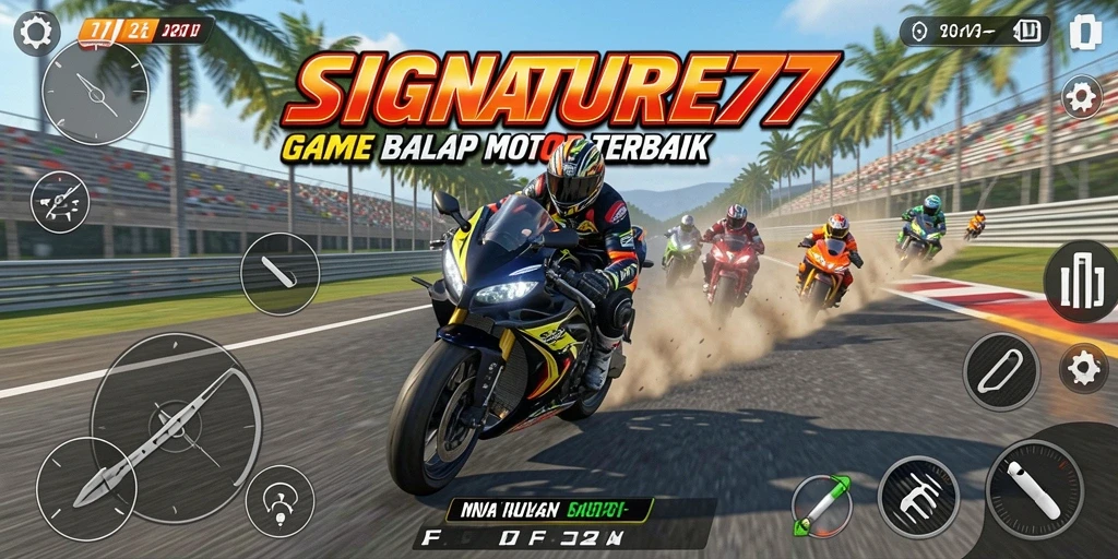 Tampilan gameplay SIGNATURE77 menampilkan balapan motor yang seru dan mendebarkan.