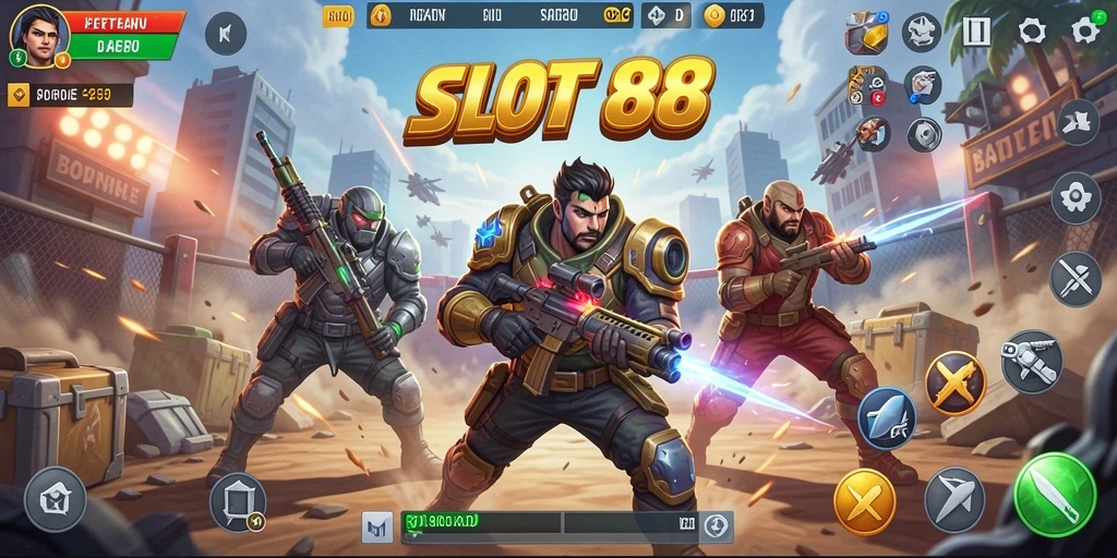 Tampilan menegangkan gameplay SLOT88 saat bertarung di Battle Royale.